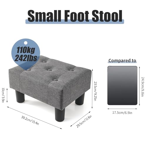 Linen Small Footstool Ottoman with Storage and Solid Wood Legs, Gray