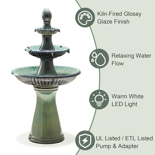 Turquoise 3-Tier Ceramic Outdoor Fountain with LED Lights - Garden Waterfall