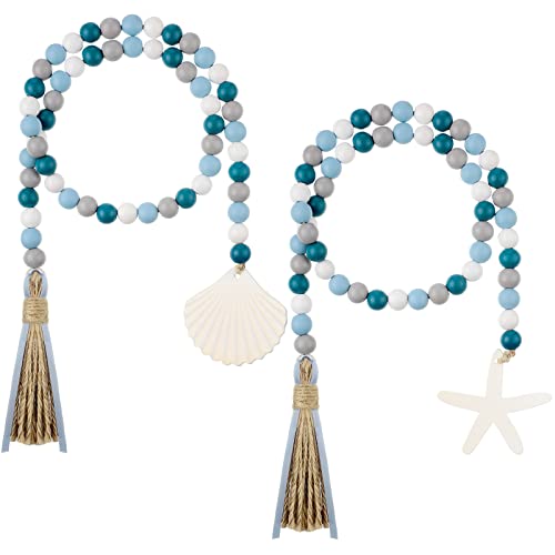 Coastal Wood Bead Garland with Shell Tassels, 2-Piece Set