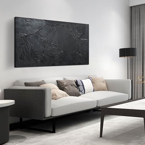 Large Black Abstract Hand-Painted Canvas Wall Art, 24" x 47" Textured Mural