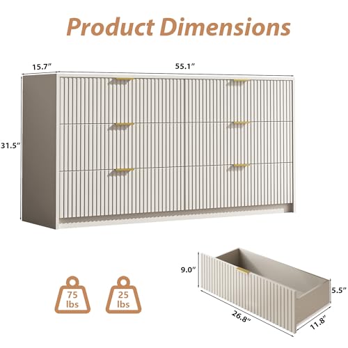 6-Drawer Fluted Wood Dresser, 55-inch Wide Modern Storage Chest in Beige