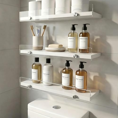 15.7" Rustic Floating Wall Shelves with Acrylic Lip, 3 Pack White