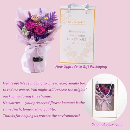 Handcrafted Preserved Purple Rose Bouquet in Gift Box - Lasts 3+ Years