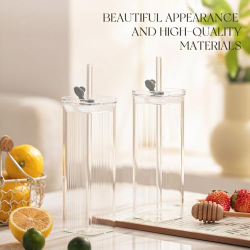 KEMORELA Clear Square Drinkware Set - 6 Pcs, 17 oz Modern Glass Tumblers with Lids & Straws