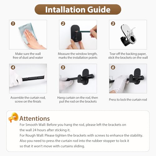 No Drill Adjustable Curtain Rod, 32 to 86 Inch, 5/8" Black Drapery Rod