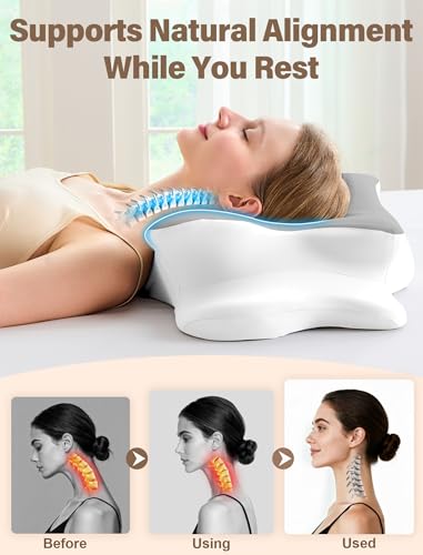 VJASD Grey Queen Cervical Neck Pillow for Pain Relief - Orthopedic Memory Foam with Cooling Cover