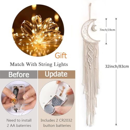Moon Macrame Wall Hanging with LED String Lights - Boho Wall Decor