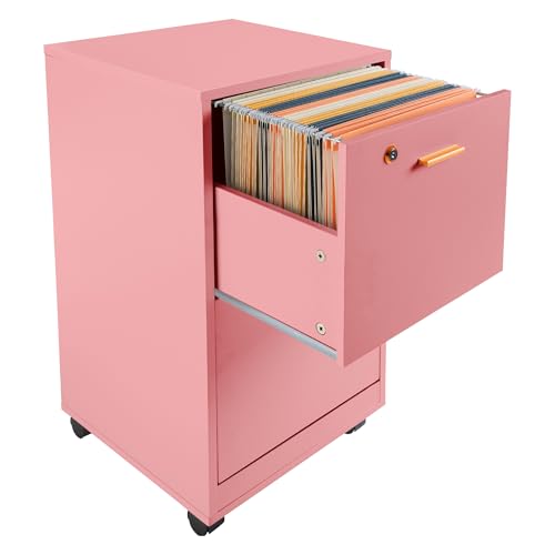2-Drawer Rolling File Cabinet with Lock, Pink Wooden Under Desk Organizer