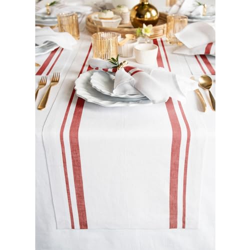 Solino Home Red & White Stripe Linen Table Runner 14 x 120 Inches
