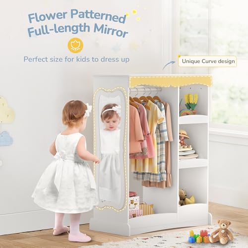 Kids Dress Up Storage Wardrobe with Flower Mirror and Hanging Rail