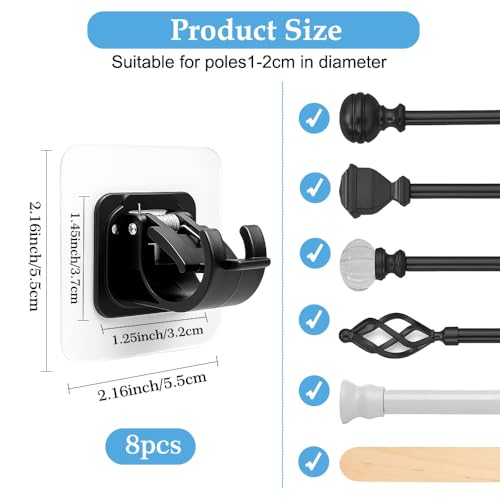 8 PCS Self-Adhesive Curtain Rod Brackets - No-Drill Wall Hanger Hooks (Black)
