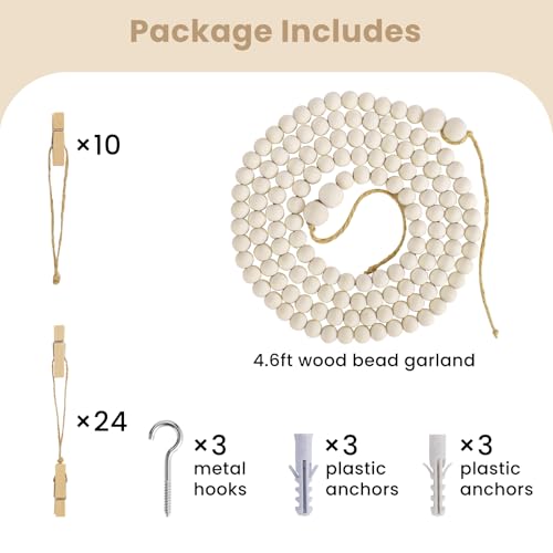 Kids Art Display Wall Hanging, Wood Bead Garland with 34 Clips