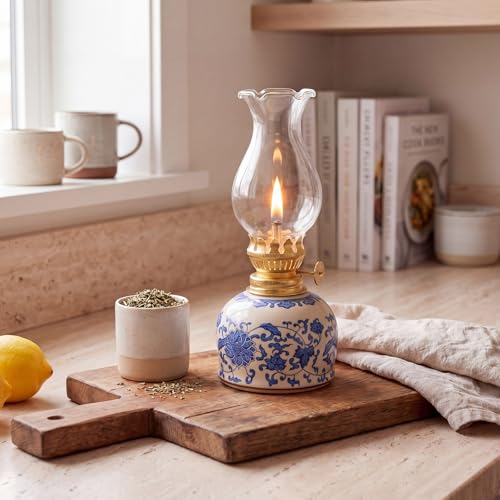 Vintage Ceramic Oil Lamp with Blue and White Chinoiserie Design