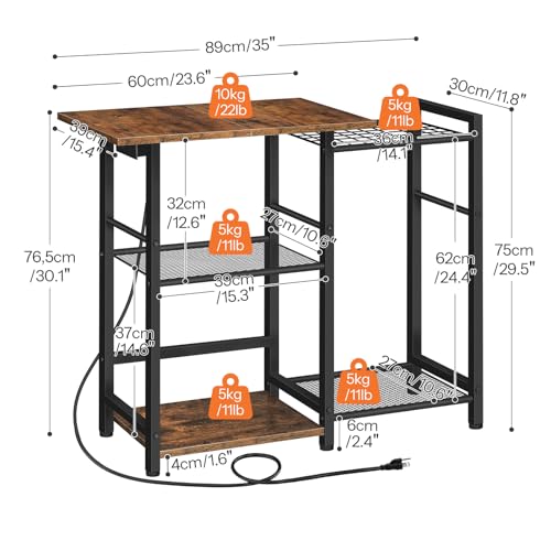 Bakers Rack with Power Outlet, Microwave Stand and Coffee Bar with 6 Hooks