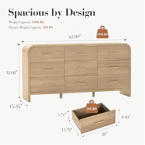 63-Inch Curved 9-Drawer Dresser, Modern Gray Oak Chest of Drawers