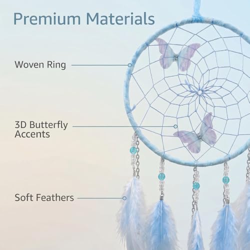 Handmade Blue Butterfly Dream Catcher with Feathers for Wall Decor