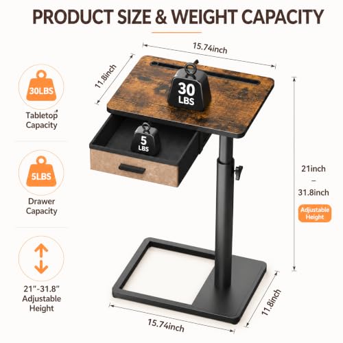 C-Shaped Height Adjustable Side Table with Drawer and Swivel Top