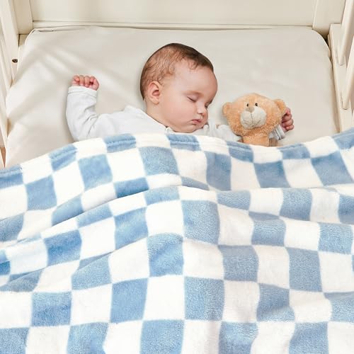 Yurhap Checkered Fleece Baby Blanket 30x40 Blue Soft Receiving Blanket