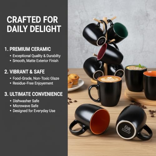 Black Multi-Color 16 oz Ceramic Coffee Mugs Set of 6 - Durable, Non-Toxic Kitchen Drinkware
