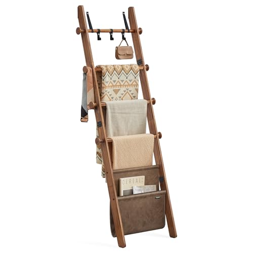 5-Tier Wooden Blanket Ladder with Hooks and Leather Storage Bag