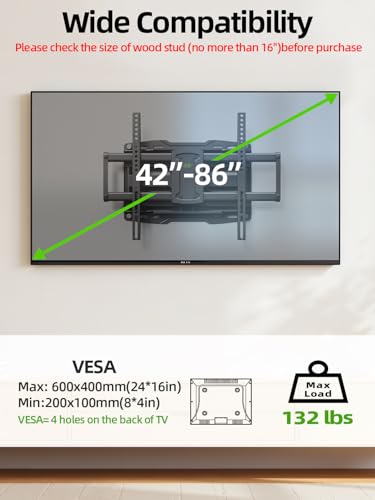 Full Motion TV Wall Mount for 42-86 Inch TVs, Swivel and Tilt Bracket