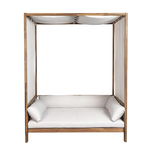 Outdoor Acacia Wood Canopy Daybed with Curtains & Cushions, 72" White