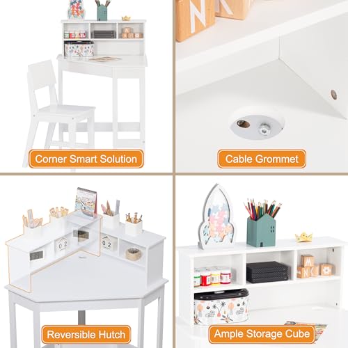 Wooden Kids Corner Desk and Chair Set with Hutch and Bulletin Board