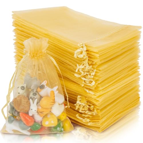 Gold Organza Gift Bags 4x6 Inches - Pack of 100 Small Drawstring Bags