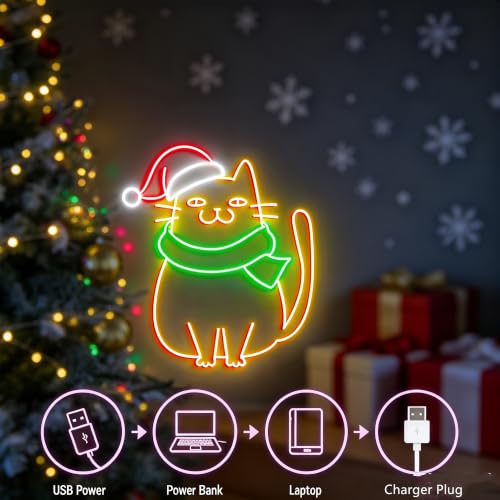Christmas Cat Neon Sign LED Merry Christmas Neon Lights - USB, Dimmable, 16x13 Inch - HFHungkeong (Color4)