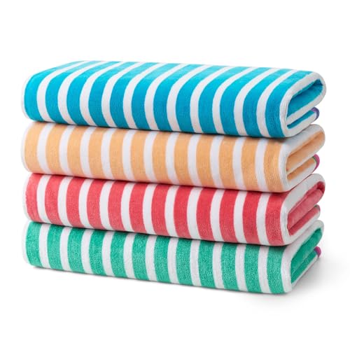Oversized Striped Beach Towels - 30" x 60" Soft Cotton Pool Towel, 4 Pack