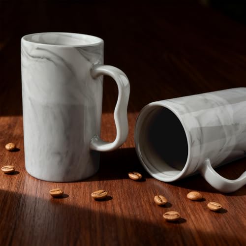 NBABSR 20 oz Grey Marble Mugs Set of 2 with Large M-Handle - Porcelain Coffee Tea Cups 600ml