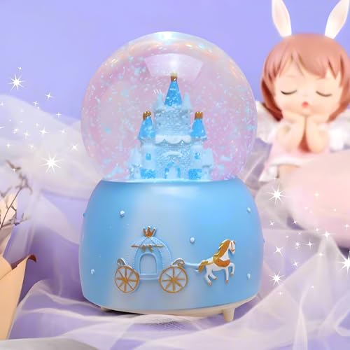Blue Castle Musical Snow Globe with LED Lights and Automatic Snowfall