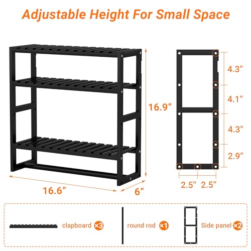 PPN Adjustable Bamboo Bathroom Wall Shelf with Towel Bar - Black Floating Rack