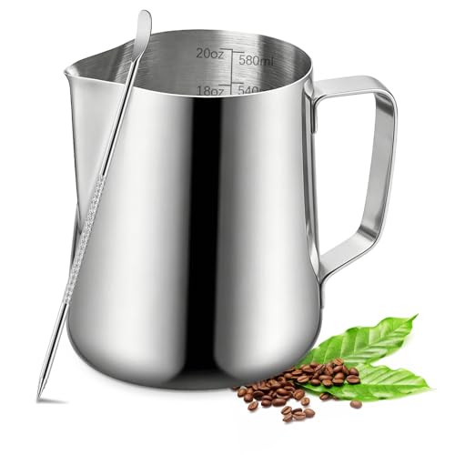 Stainless Steel Milk Frothing Pitcher (600ml/20oz) with Latte Art Pen
