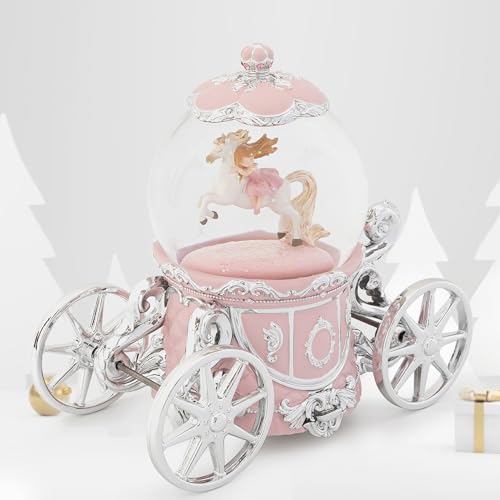 Unicorn Princess Carriage 7" Snow Globe Music Box - Pink LED Light Up Globe, La Vie en Rose