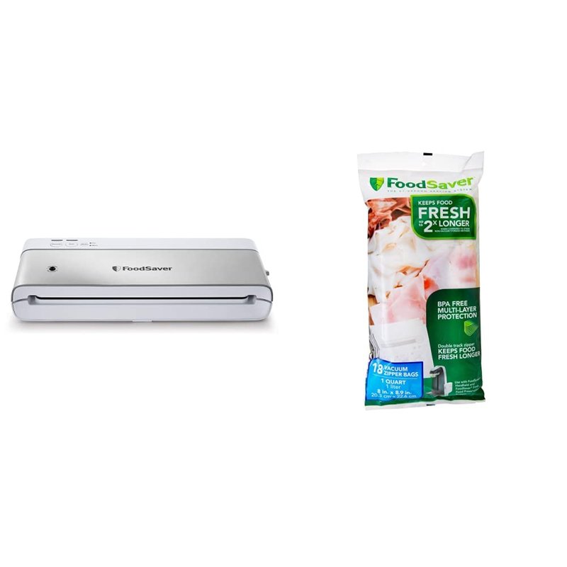 FoodSaver Compact Vacuum Sealer Machine with Sealer Bags and Roll for Airtight Food Storage and Sous Vide, White & 1-Quart BPA-Free Multilayer Construction Vacuum Zipper Bags, 18 Count