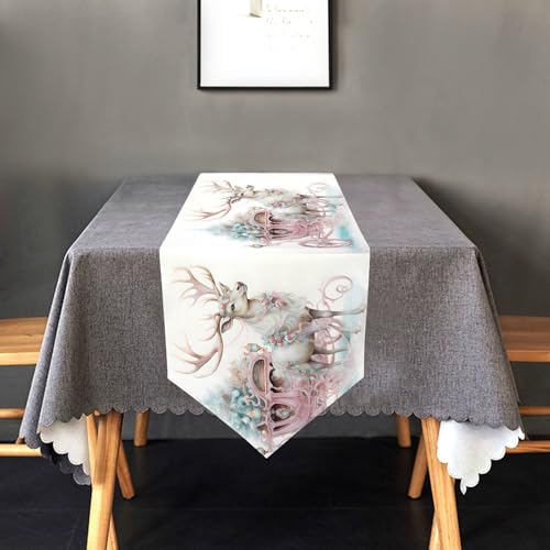 Senya Pink Christmas Elk Table Runner 14x108 Inches - Holiday Decor