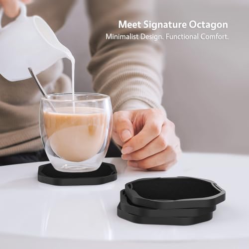 UMIRRO 6 Pack Black Octagon Felt & Silicone Drink Coasters with Holder - Absorbent & Leakproof