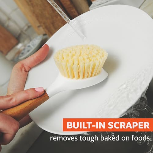 Bamboo Handle Dish Scrub Brush with Built-In Scraper for Pots & Pans