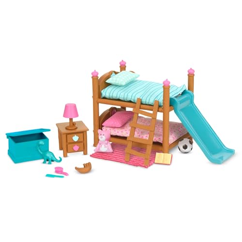 Miniature Bunk Bed Bedroom Playset, 18-Piece Dollhouse Furniture