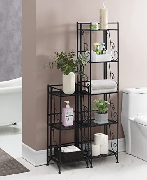 Convenience Concepts Xtra Storage 3 Tier Folding Metal Shelf with Scroll Design, Black