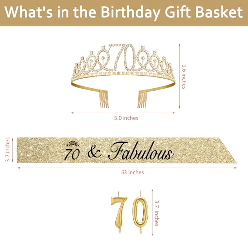 70th Birthday Decorations for Women Gold Tiara Sash and Number Candles