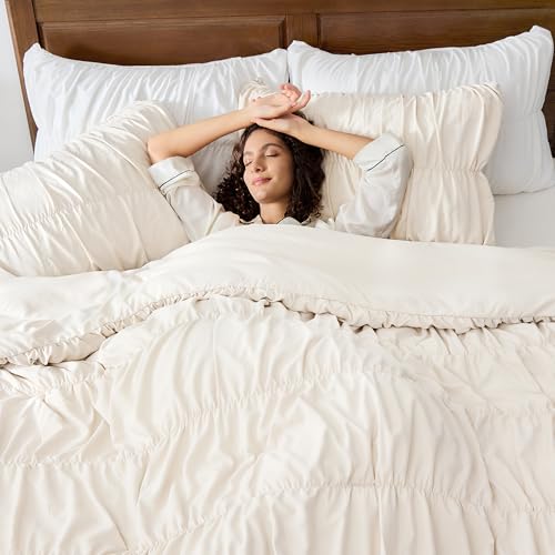 Beige Ruched Queen Comforter Set - 3 Piece Boho Bedding