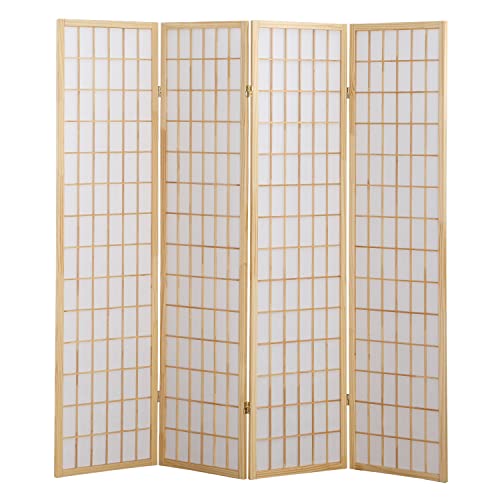 4-Panel Shoji Room Divider, Natural Wood Japanese Privacy Screen 71-Inch