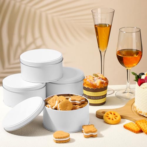 Hicarer 10 Pack White Cookie Tins with Lids - Round Metal Gift Storage Containers