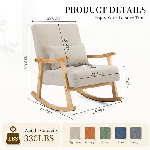 Mid-Century Modern Upholstered Rocking Chair with Lumbar Pillow, Light Gray