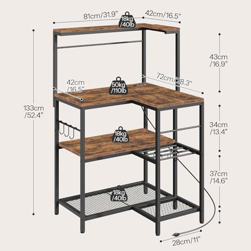 L-Shaped 4-Tier Bakers Rack with Power Outlet and Wine Storage, Rustic Brown