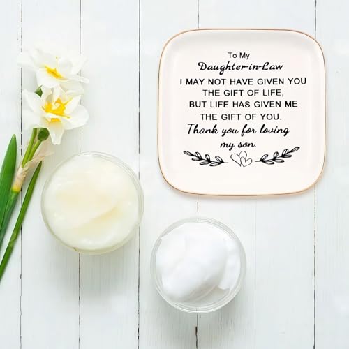 Daughter-in-Law Jewelry Dish Trinket Tray - Gift for Mother-in-Law, 4.33in Ceramic with Gold Rim