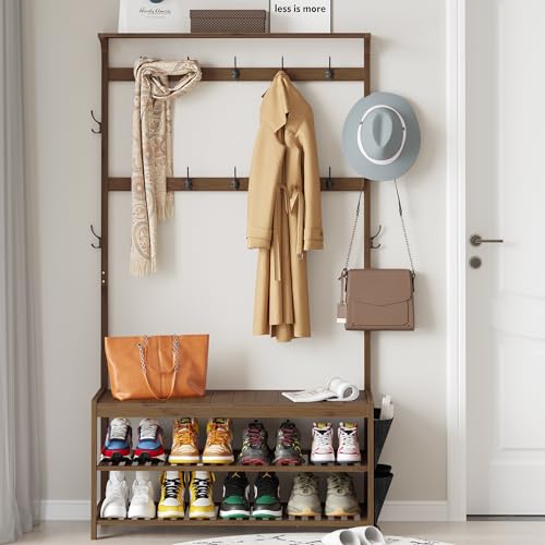 Bamboo Hall Tree with Shoe Storage Bench and 14 Coat Hooks, Large Size