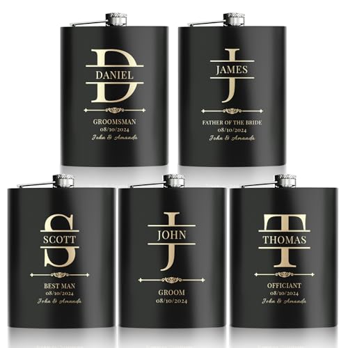Stepdiy Black Personalized Groomsmen Flasks Set of 5 - Custom Engraved 8oz Stainless Steel Wedding Gifts